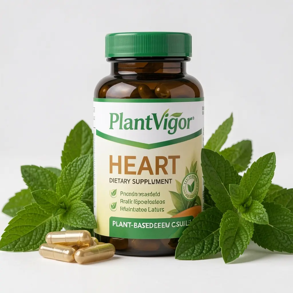 PlantVigor Heart dietary supplement bottle with plant-based capsules displayed alongside fresh green herbs